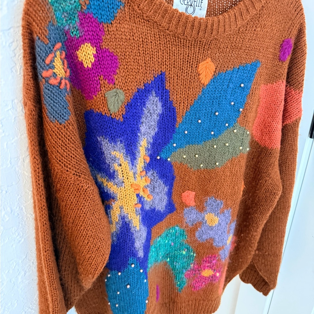 Vintage Cervelle Floral Mohair Blend Sweater Brown Multicolor L - Picture 2 of 4